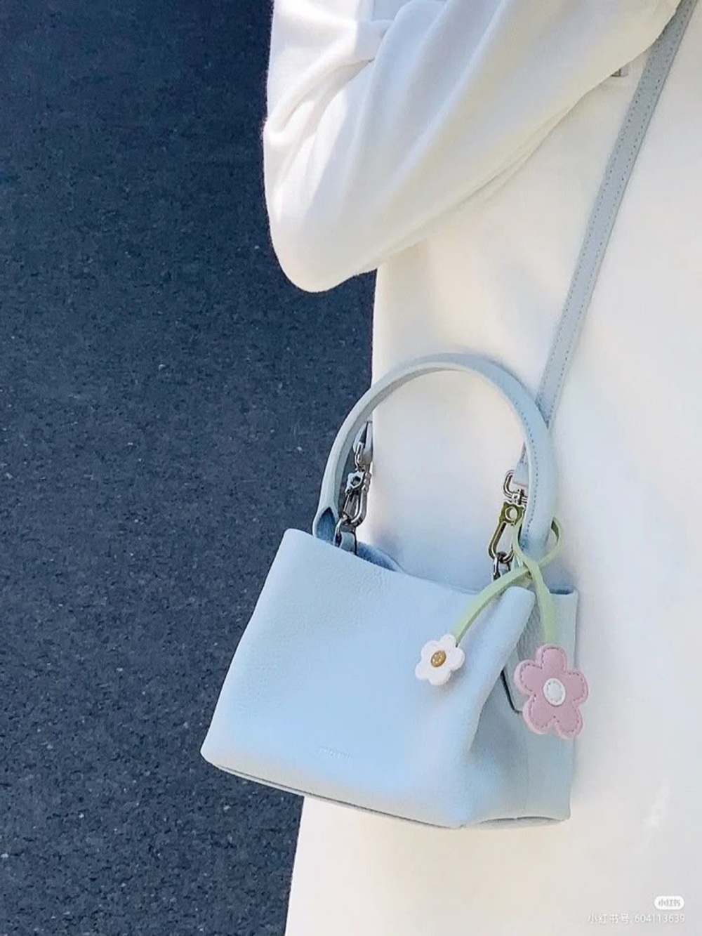 Light Blue Women's Top-Handle Shoulder Bag with Flower Charm